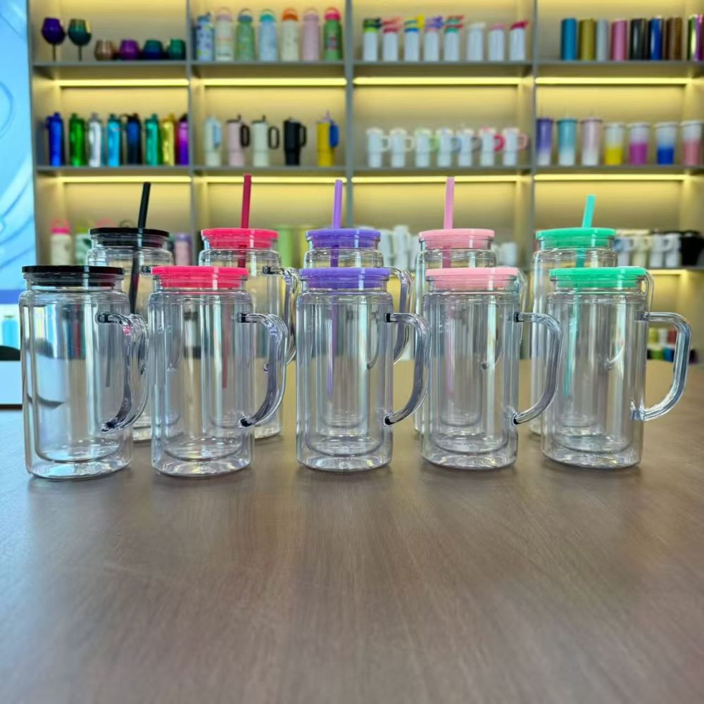 25 Pack YIPAI China Warehouse Glitter Pre Drilled Hole 12oz 16oz Double Wall Snow Globe Plastic Mug with Handle  for UV DTF Transfer Wrap