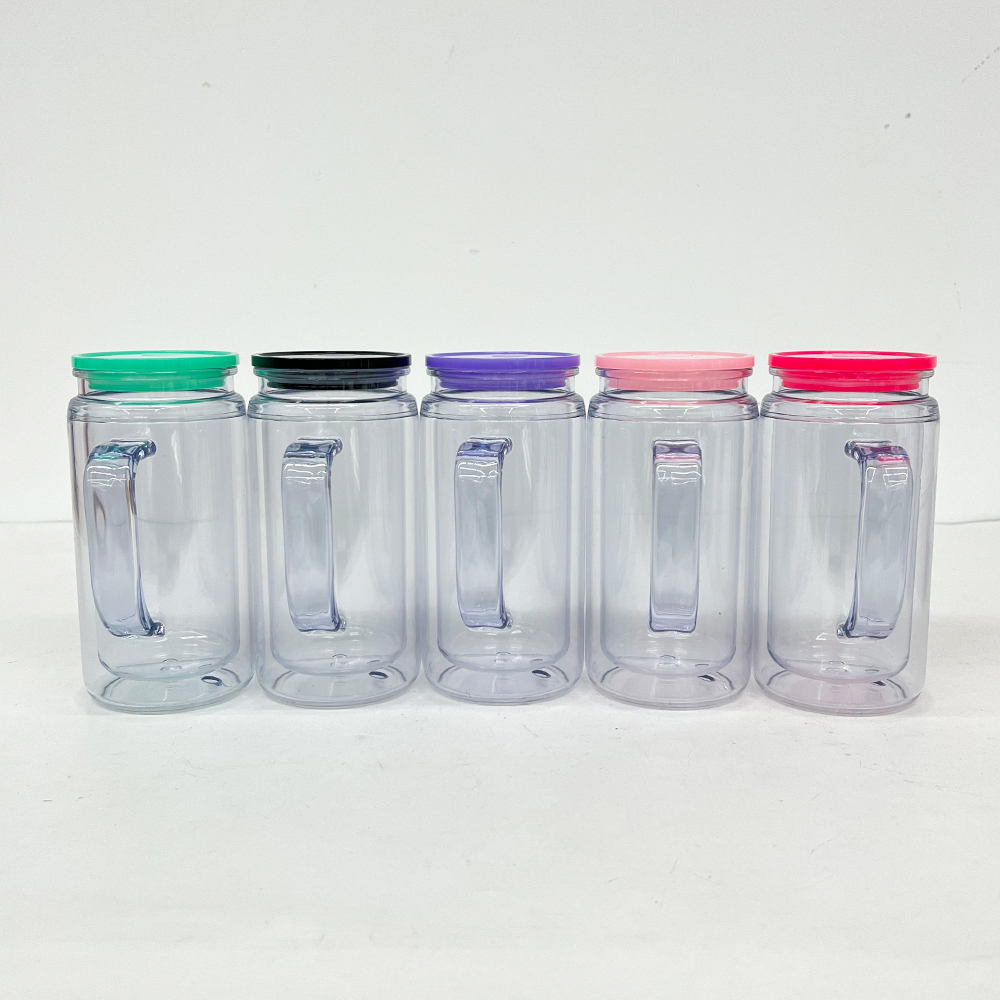 25 Pack YIPAI China Warehouse Glitter Pre Drilled Hole 12oz Inner 16oz Outer Double Wall Snow Globe Plastic Mug with Handle  for UV DTF Transfer Wrap