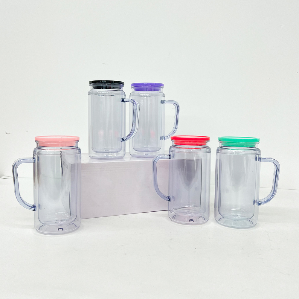 25 Pack YIPAI China Warehouse Glitter Pre Drilled Hole 12oz Inner 16oz Outer Double Wall Snow Globe Plastic Mug with Handle  for UV DTF Transfer Wrap