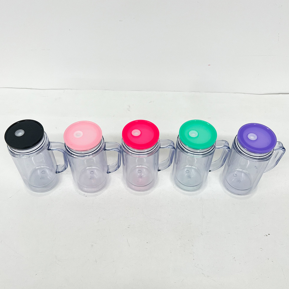 25 Pack YIPAI China Warehouse Glitter Pre Drilled Hole 12oz Inner 16oz Outer Double Wall Snow Globe Plastic Mug with Handle  for UV DTF Transfer Wrap