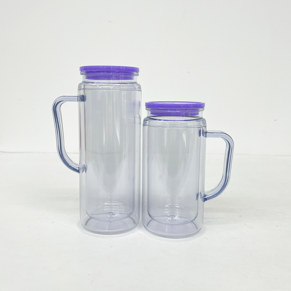 25 Pack YIPAI China Warehouse Glitter Pre Drilled Hole 12oz Inner 16oz Outer Double Wall Snow Globe Plastic Mug with Handle  for UV DTF Transfer Wrap