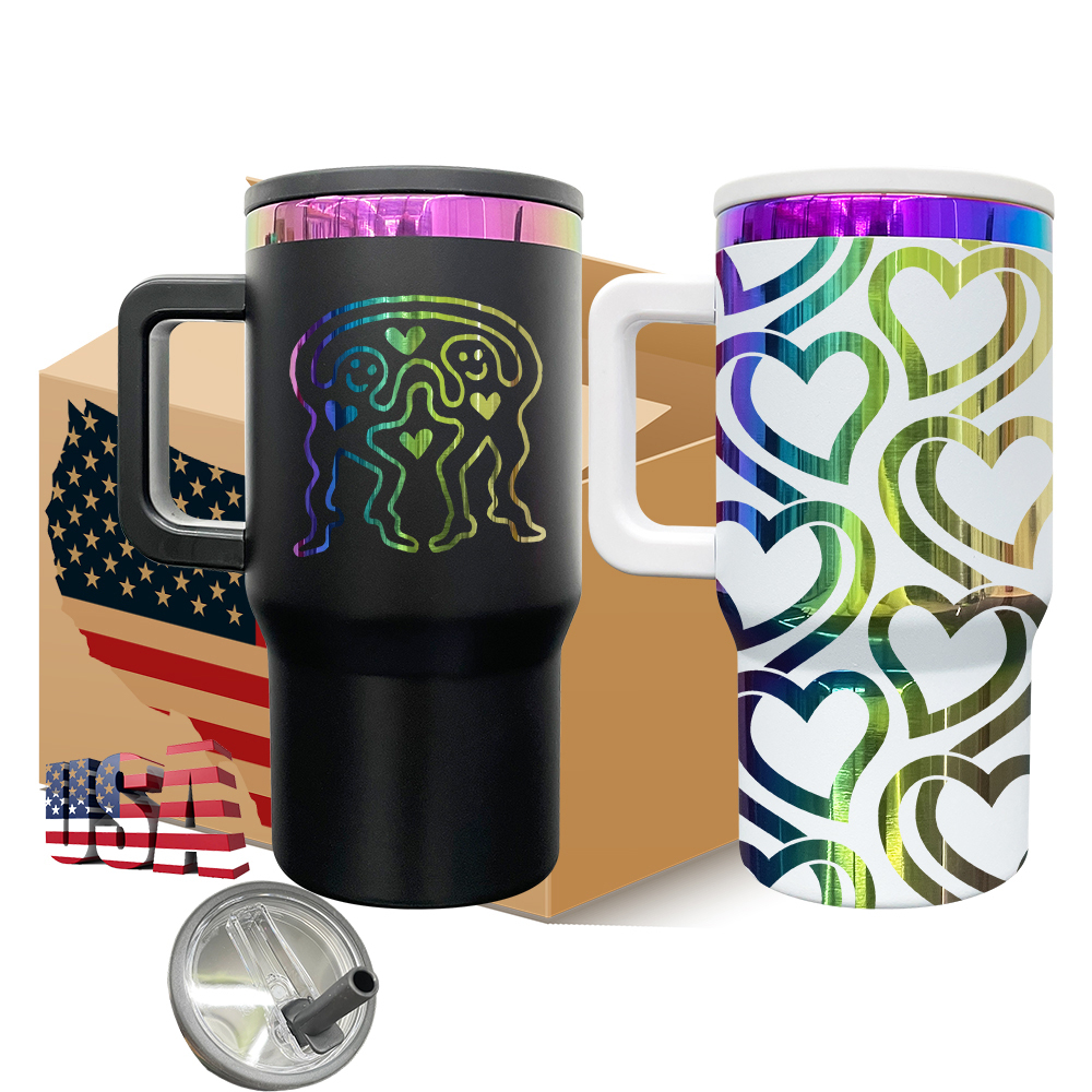 25 Pack YIPAI USA Warehouse Black White 20oz Kids Stainless Steel Leak Proof Straw Lids Rainbow Plated Underneath Power Coated Tumblers for Laser Engraving