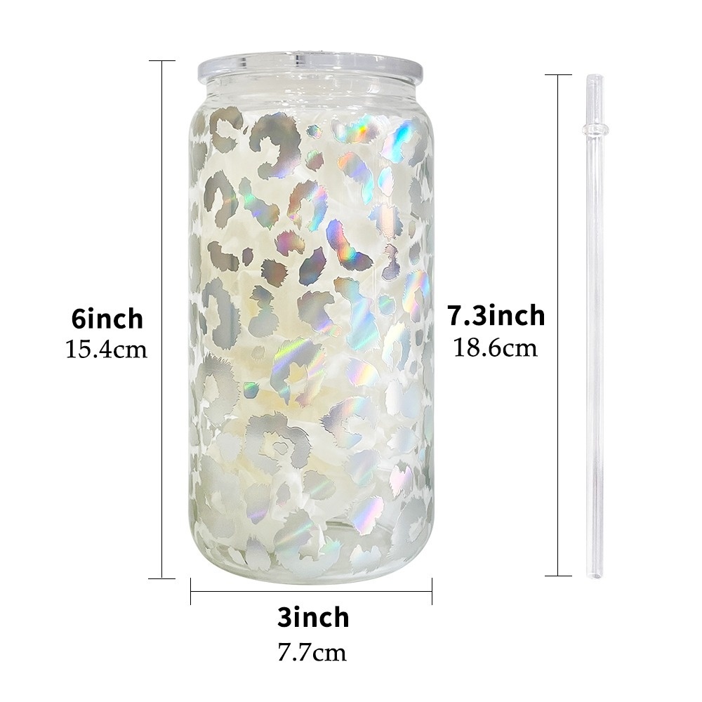 50 Pack YIPAI USA Warehouse 16oz Clear Holographic Print Leopard Travel Glass Can With PP Lids
