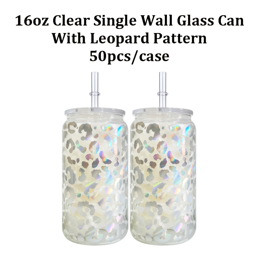 50 Pack YIPAI USA Warehouse 16oz Clear Holographic Print Leopard Travel Glass Can With PP Lids