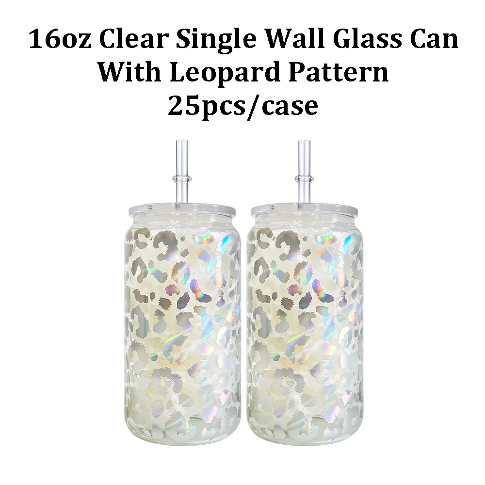 50 Pack YIPAI USA Warehouse 16oz Clear Holographic Print Leopard Travel Glass Can With PP Lids