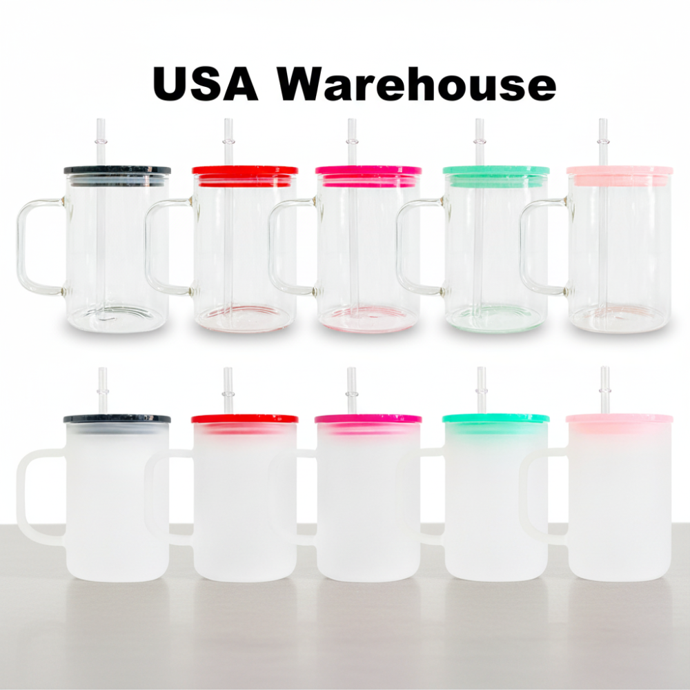 25 Pack YIPAI USA Warehouse 17oz Clear Frosted Glass Coffee Mug With Colorful PP Lid For Sublimation