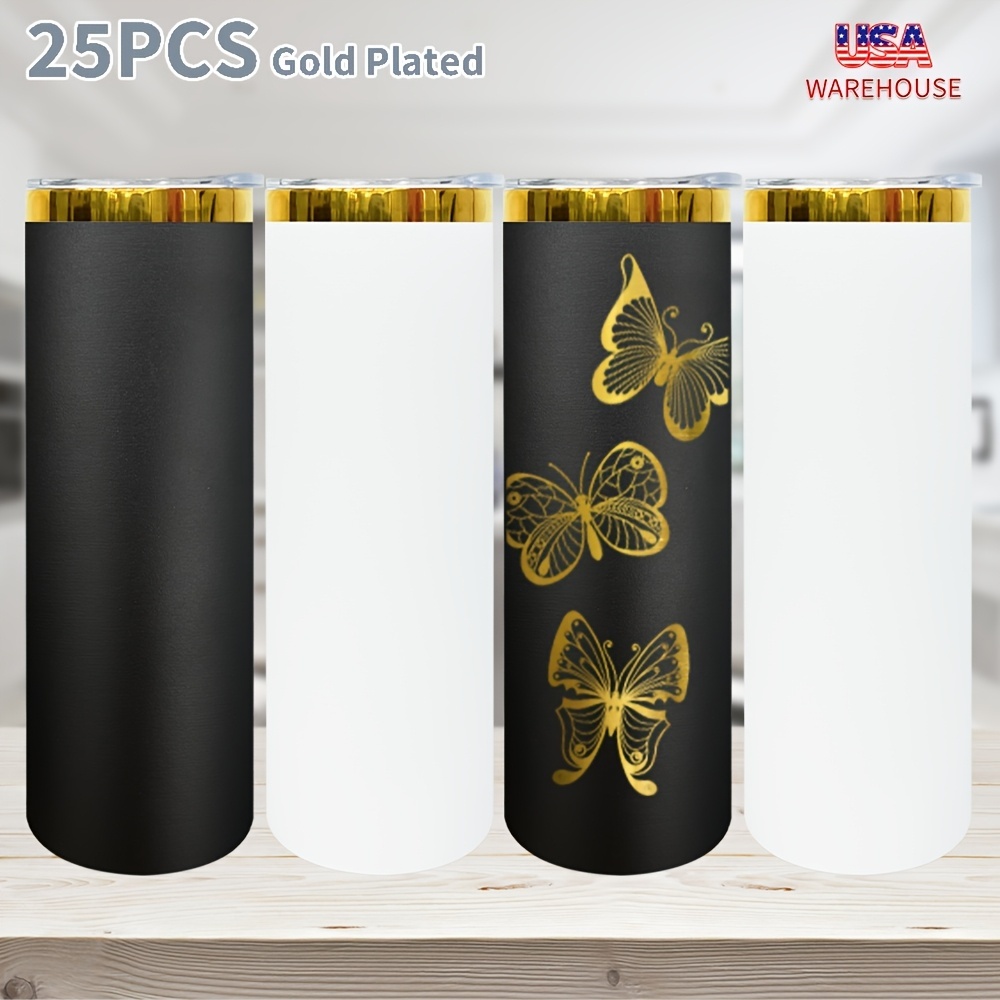 25 Pack YIPAI USA Warehouse Powder Coated Stainless Steel 20oz Mirror Gold Plated Straight Skinny Tumblers for Laser Engraving
