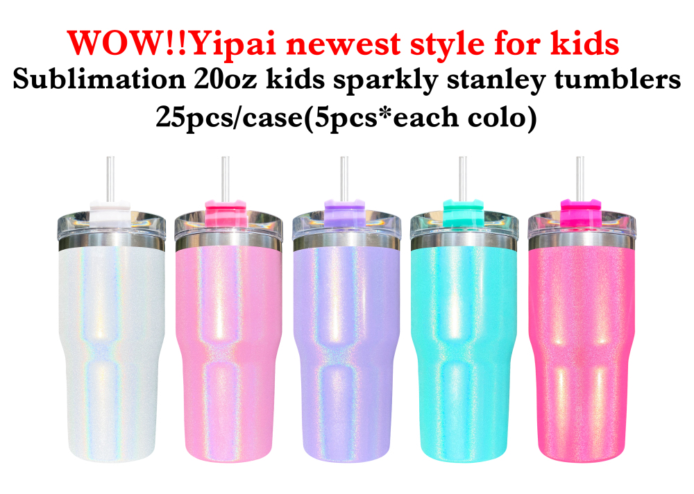25 Pack Yipai USA Warehouse Sublimation 20oz Kids Sparkly Shimmer Stanley Tumblers