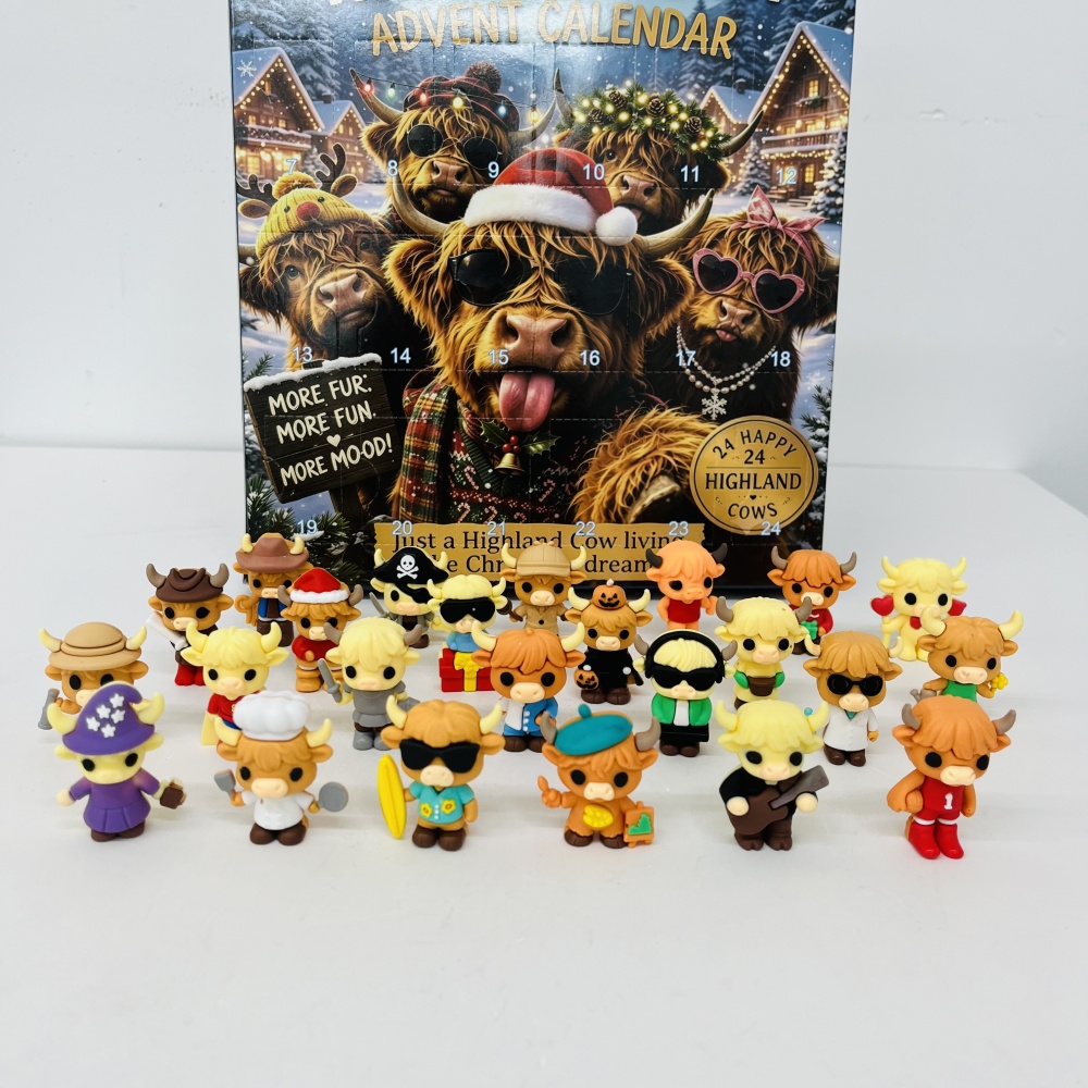 25 Pack YIPAI China Warehouse 2026 Christmas Highland Cow Themed 24‑Day Advent Calendar Holiday Surprise Blind Box Squishy ASMR Stress Relief Fidget Toys for Kids