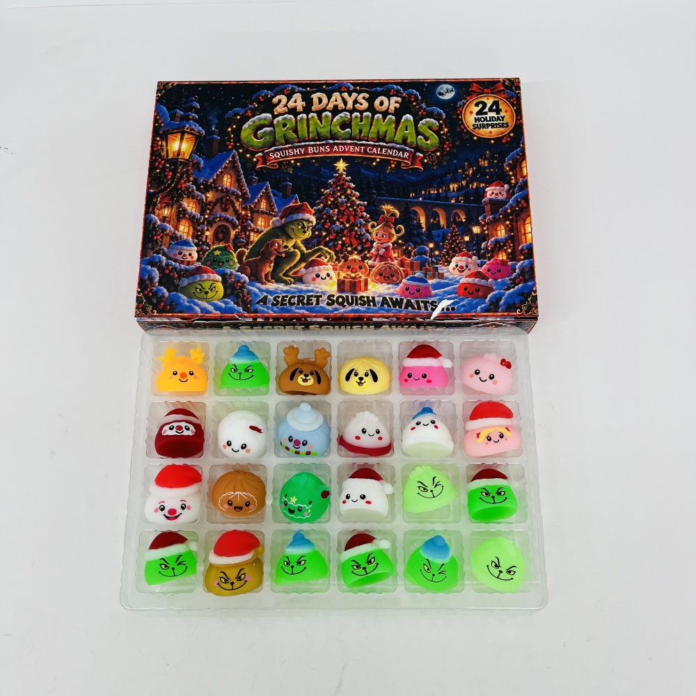 26 Pack YIPAI China Warehouse 24 Days Christmas Grinch Dumpling Squishy Advent Calendar Mini Bao Bun Squeeze Fidget Toy Set Soft TPR Stress Relief ASMR Sensory Surprise Blind Box Gift for Kids Adults Christmas Countdown