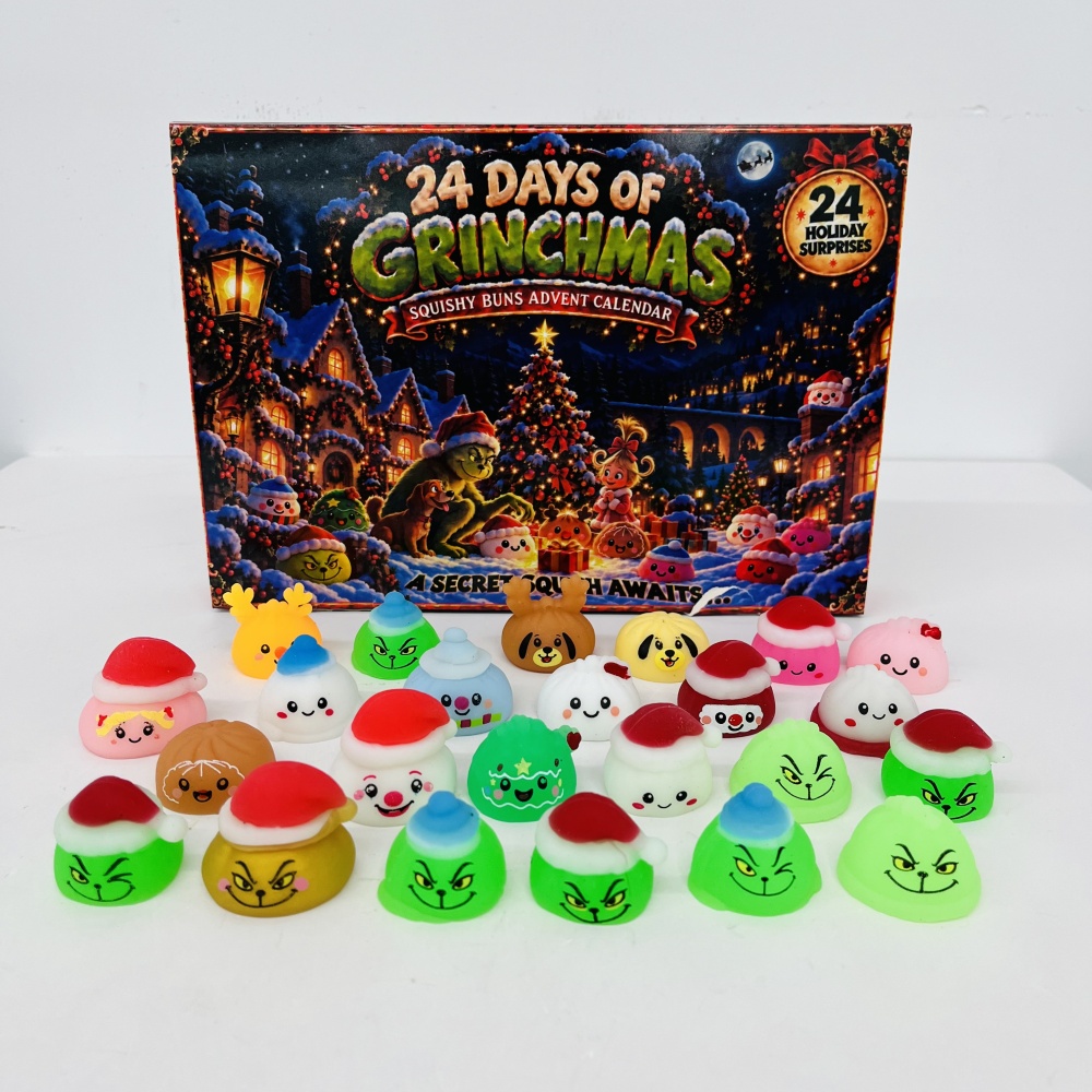 26 Pack YIPAI China Warehouse 24 Days Christmas Grinch Dumpling Squishy Advent Calendar Mini Bao Bun Squeeze Fidget Toy Set Soft TPR Stress Relief ASMR Sensory Surprise Blind Box Gift for Kids Adults Christmas Countdown