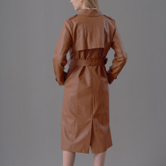BROWN TEXTURED LEATHER BELTED TRENCH COAT