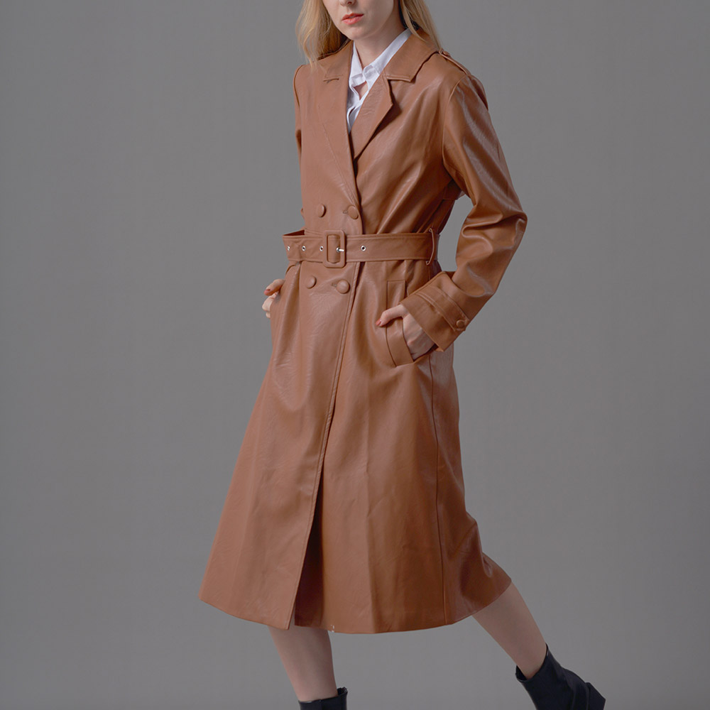 BROWN TEXTURED LEATHER BELTED TRENCH COAT