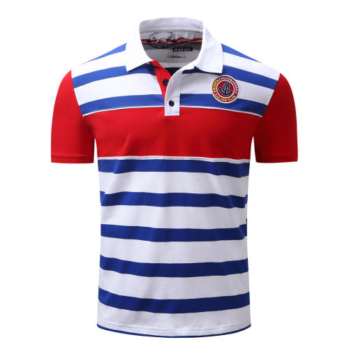Men style short sleeved cotton sports polo shirt with stripe and two color combination with logo woven patch embroidery