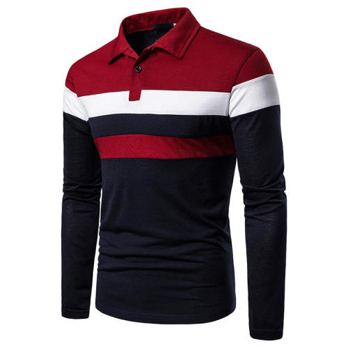 Men Long Sleeve Polo Shirt Three-Color Stitching Contrast Trim Fashion Design Casual Shirt