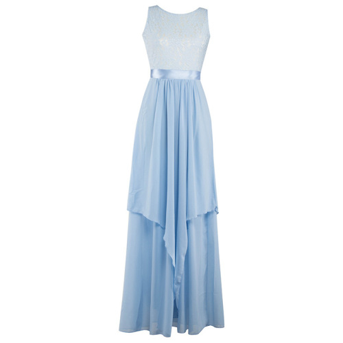 Sleeveless chiffon dress European and American round neck lace stitching bridesmaid dress open back hollow summer evening dress