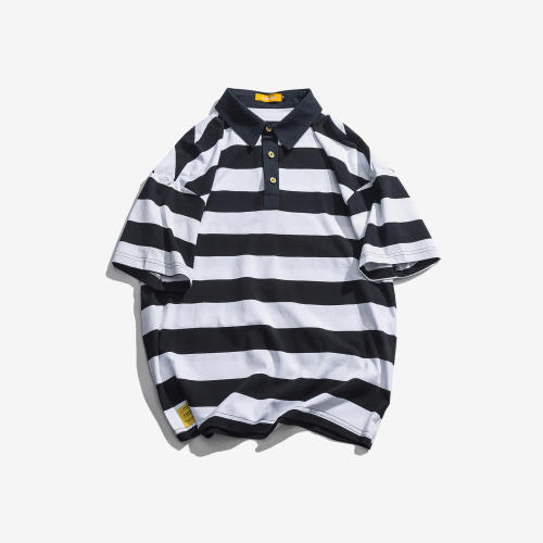 Striped Short-sleeved Polo Shirt Summer new Japanese couple top casual loose Dropped Shoulder T Shirt