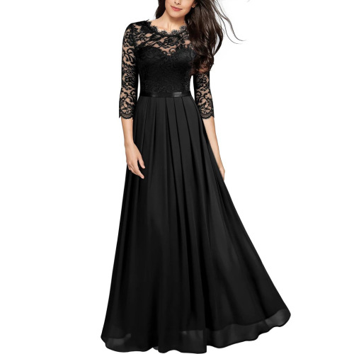 2022 Spring Summer Women Luxury Sexy Stitching chiffon Dress Round neck lace long skirt Evening dress women's clothing