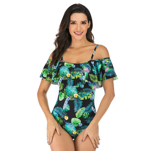 Wholesale European and American Summer Floral Print one piece lady swimsuit, various ways to wear ruffled shoulder beachwear