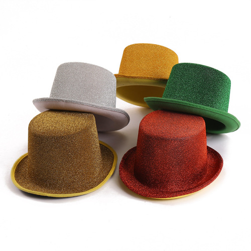 Chaplin gold powder dome hat Beaded top hat performance costume birthday party gold powder Jazz barrel flat top hat