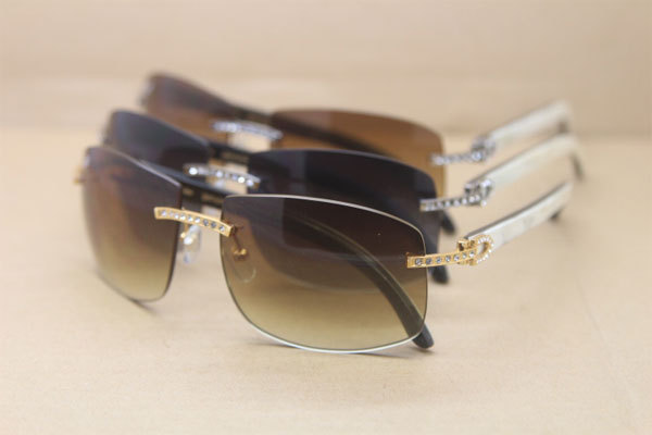 Cartier Hot luxury Rimless Big Diamond Glasses 4189705 Black White Buffalo Genuine horn Sunglasses In Gold Brown