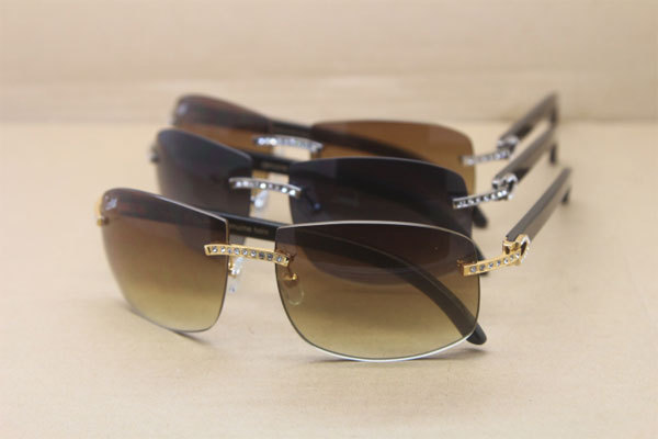 Vintage Cartier Rimless Big Diamond 4189705 Black Buffalo horn original Sunglasses In Gold Brown
