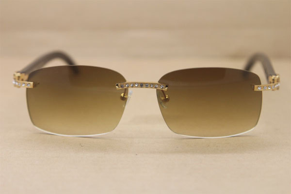 Hot Cartier Big Diamond Rimless Glasses 8200759 Black Buffalo horn Rimless Sunglasses Genuine horn Sunglasses In Gold Brown Lens
