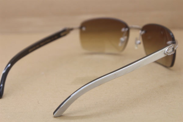 Cartier Rimless Smaller Big Stones T8200497 Black Mix WHite Buffalo Horn Sunglasses in Gold Brown Lens