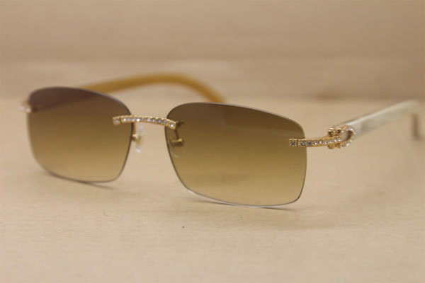 Hot Cartier Rimless Diamond Glasses brand 8200759 Buffalo horn Sunglasses White Genuine horn Sunglasses