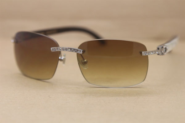 Cartier Rimless Smaller Big Stones T8200497 Black Mix WHite Buffalo Horn Sunglasses in Gold Brown Lens