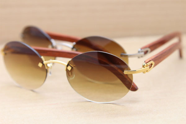 Cartier CT 5124018 18K Gold Rimless Carved Wood Trimming Lens Sun Glasses Wood Sunglasses in Gold Brown Lens Hot