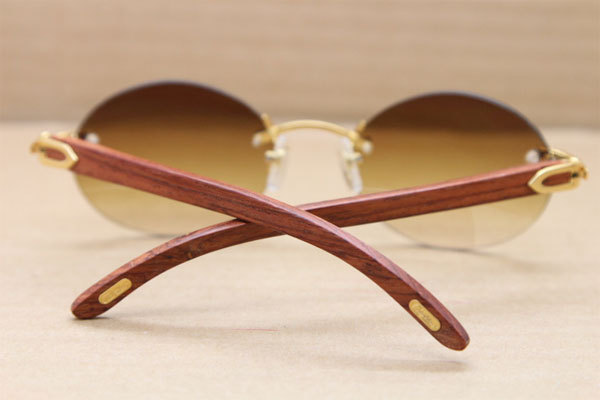 Cartier CT 5124018 18K Gold Rimless Carved Wood Trimming Lens Sun Glasses Wood Sunglasses in Gold Brown Lens Hot