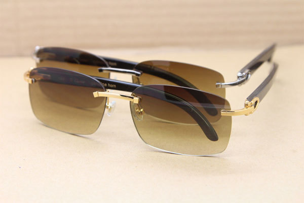 Hot Cartier CT18K Gold Rimless Sun Glasses Black Buffalo Horn Sunglasses 8200760 Silver Brown Lens