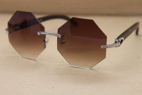 Cartier Rimless Smaller Big Stones 4189706 Black Buffalo Horn Sunglasses in Silver Brown Lens