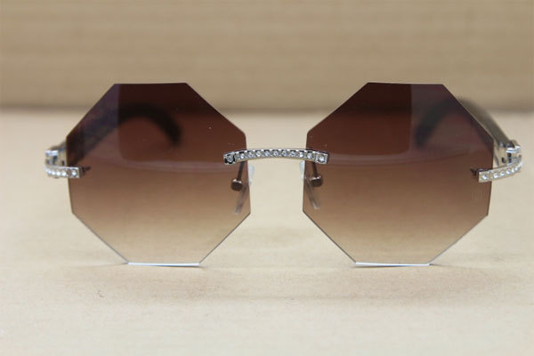 Cartier Rimless Smaller Big Stones 4189706 Black Buffalo Horn Sunglasses in Silver Brown Lens