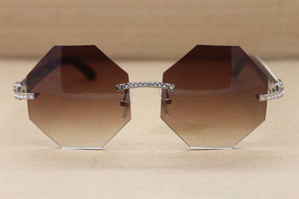 Cartier Rimless Smaller Big Stones 4189706 White Black Buffalo Horn Sunglasses in Gold Brown Lens