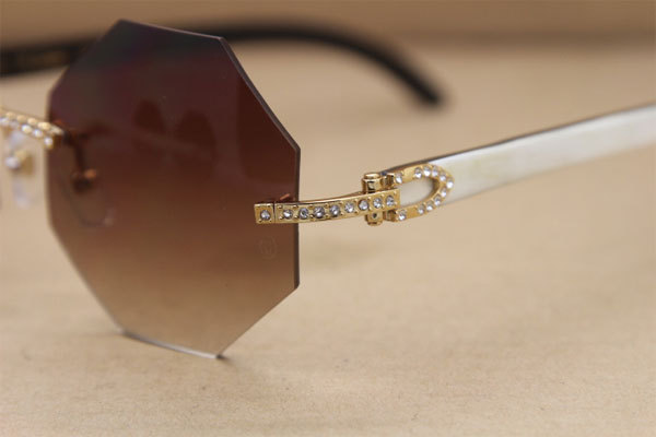 Cartier Rimless Smaller Big Stones 4189706 White Black Buffalo Horn Sunglasses in Gold Brown Lens