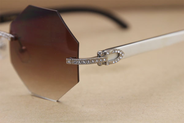 Cartier Rimless Smaller Big Stones 4189706 White Black Buffalo Horn Sunglasses in Gold Brown Lens