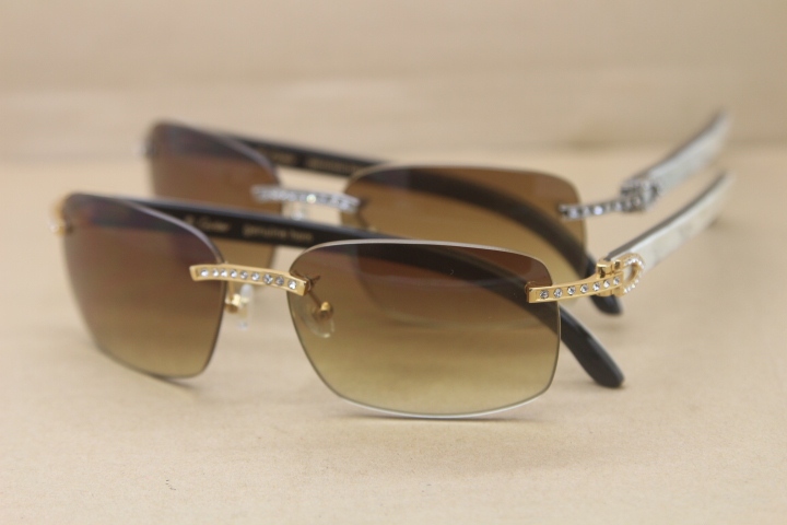 Cartier Rimless Smaller Big Stones T8200497 Black Mix WHite Buffalo Horn Sunglasses in Silver Brown Lens