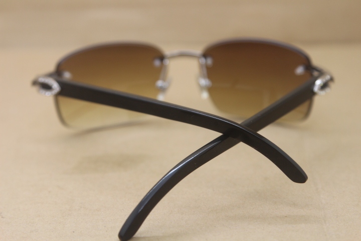 Cartier Rimless Smaller Big Stones T8200497 Black Buffalo Horn Sunglasses in Silver Brown Lens