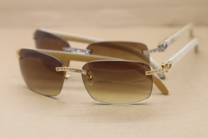 Cartier Rimless Smaller Big Stones T8200497 White Buffalo Horn Sunglasses in Silver Brown Lens