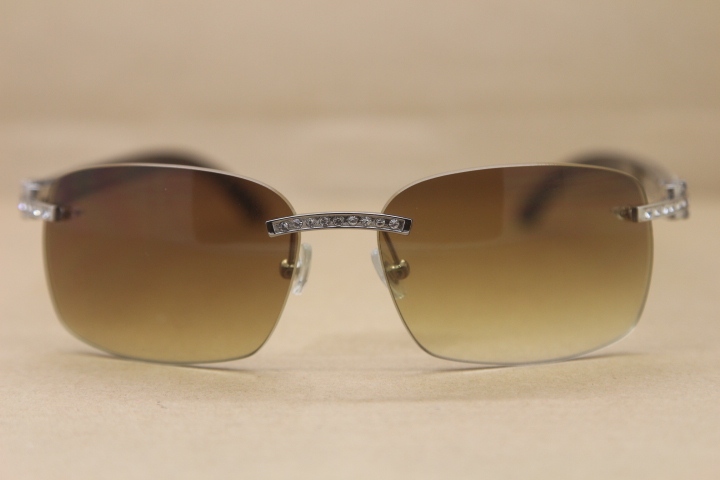 Cartier Rimless Smaller Big Stones T8200497 Black Mix WHite Buffalo Horn Sunglasses in Silver Brown Lens