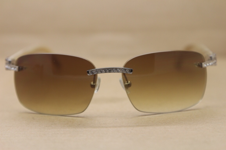 Cartier Rimless Smaller Big Stones T8200497 White Buffalo Horn Sunglasses in Silver Brown Lens