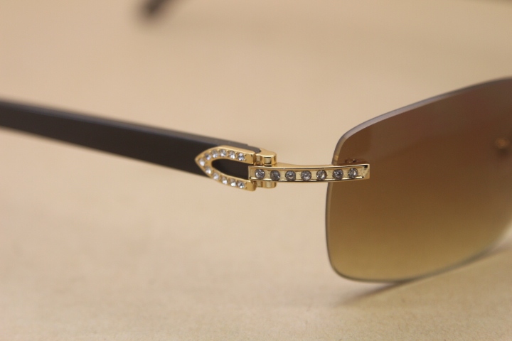 Cartier Rimless Smaller Big Stones T8200497 Black Buffalo Horn Sunglasses in Silver Brown Lens