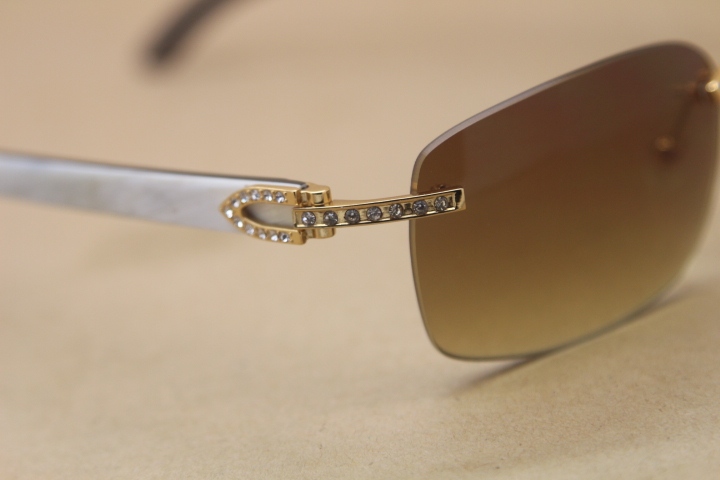 Cartier Rimless Smaller Big Stones T8200497 Black Mix WHite Buffalo Horn Sunglasses in Silver Brown Lens