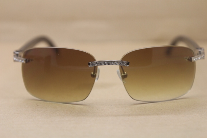 Cartier Rimless Smaller Big Stones T8200497 Black Buffalo Horn Sunglasses in Silver Brown Lens