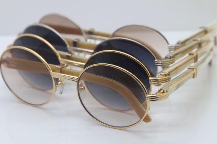 Wholesale Cartier 7550178 White Genuine Natural Original Buffalo horn Sunglasses in Gold Brown Lens Size:55