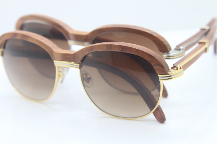 Cartier Hot Carved Wood Trimming Lens 1116443 Wood Sunglasses in Gold Brown Lens