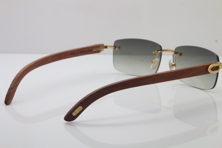 Wholesale High-end brand Cartier 3524012 Rimless Wood Sunglasses Carved Wood Trimming Lens in Gold Brown Lens Hot Size：56