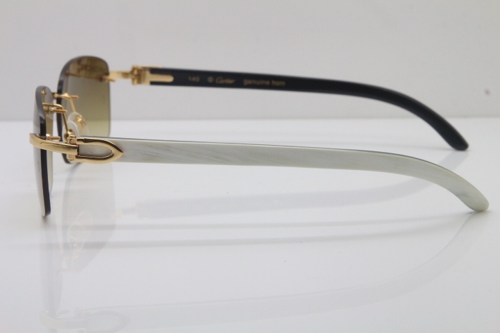 Cartier Rimless 8200759 Original White Inside Black Buffalo Horn Sunglasses in Gold Brown Lens